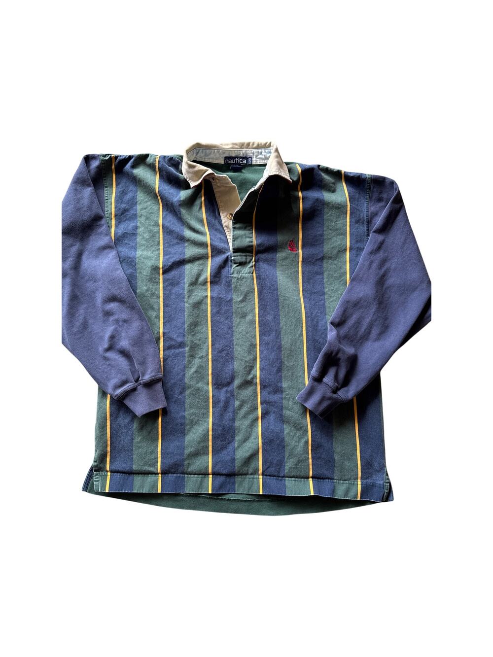 Vintage 90s Nautica Green Blue Yellow Vertical Striped XL Rugby Tan Twill Collar